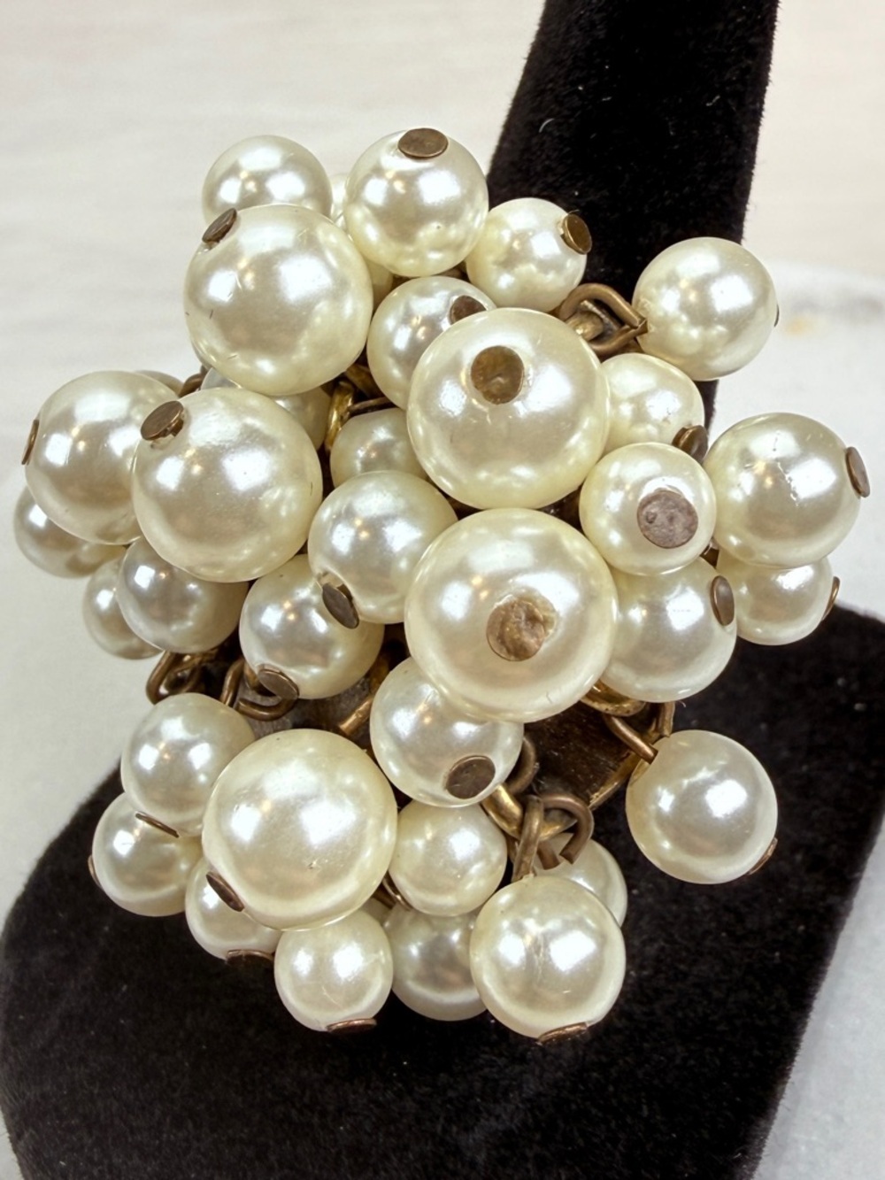 Vintage size 6 adjustable faux pearl cha-cha large statement ring